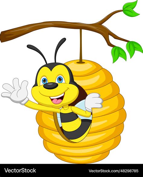 Cute Bee Cartoon Waving From Inside The Hive Vector Image