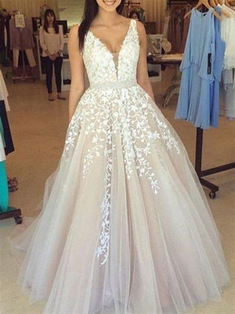 A Line Princess V Neck Sleeveless Lace Applique Tulle Sweep Brush Train