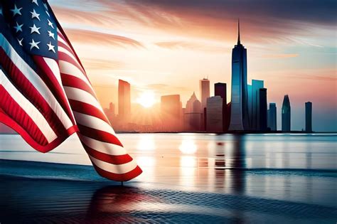 Premium Ai Image American Flag In Front Of The City Skyline