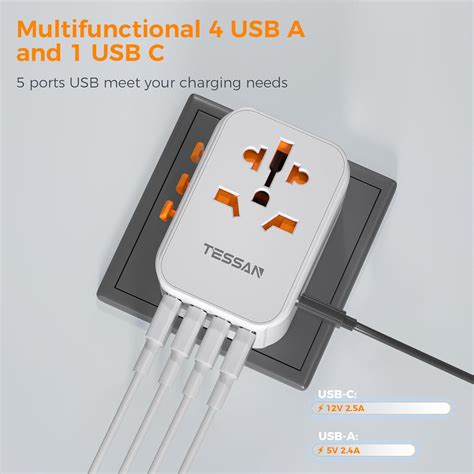 Tessan International Plug Adaptor With 1 Usb C And 4 Usb A Ports Univ