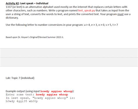 Solved Activity \#2: Leet speak - individual 1337 (or leet) | Chegg.com