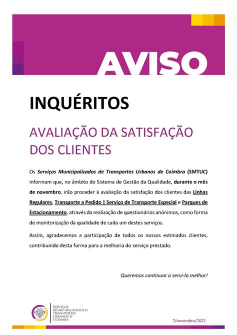 INQUÉRITOS AVALIAÇÃO DA SATISFAÇÃO DOS CLIENTES SMTUC