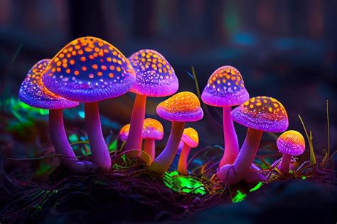 Premium Photo | Mushrooms in a dark forest with glowing purple and ...