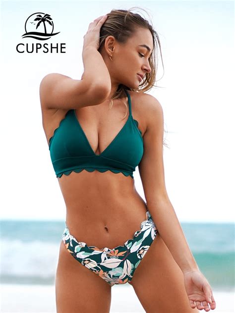 Cupshe Cute Scalloped Back Tie Bikini Sets For Women Sexy Solid Low