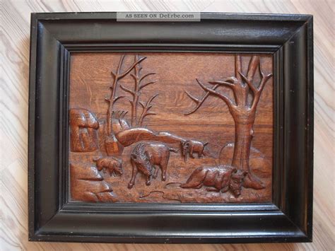 Holzrelief Massiv Wildschweine Handgeschnitzt Alt Nachlass Nr