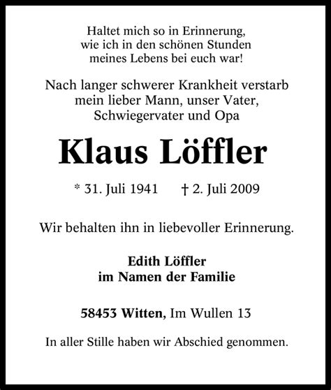 Traueranzeigen von Klaus Löffler Trauer in NRW de