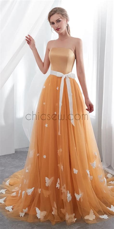 Elegant Strapless Pastel Orange Tulle A Line Long Evening Prom Dresses Chicsew Promdress