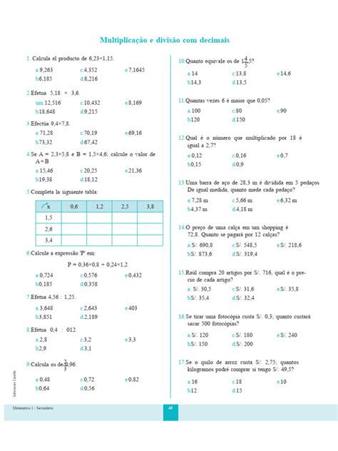 Multiplicacao E Divisao De Numeros Decimais - Fichas de Multiplicação e Divisão Decimais | PDF | Matemática | Aritmética