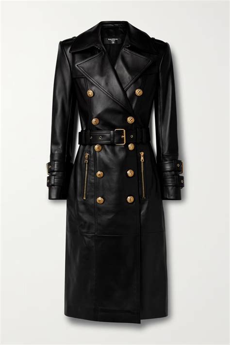 Women S Golden Button Black Leather Trench Coat Black Coat