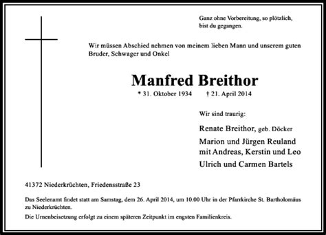 Alle Traueranzeigen F R Manfred Breithor Trauer Rp Online De