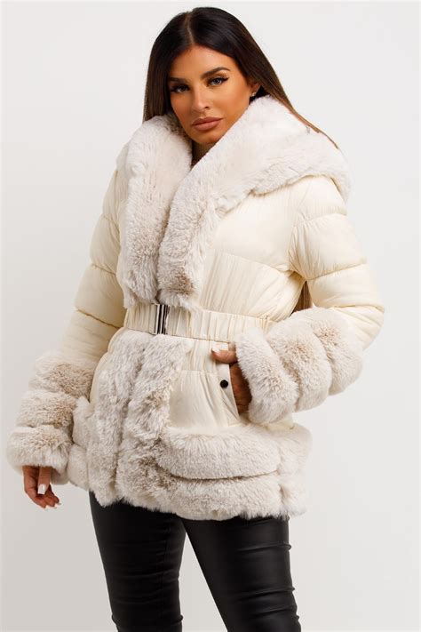 Womens Faux Fur Trim Puffer Hooded Down Jacket With Belt Beige Uk