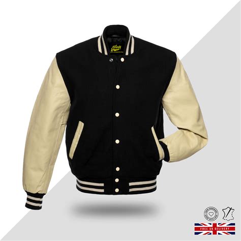 BLACK WOOL/NATURAL LEATHER VARSITY JACKET