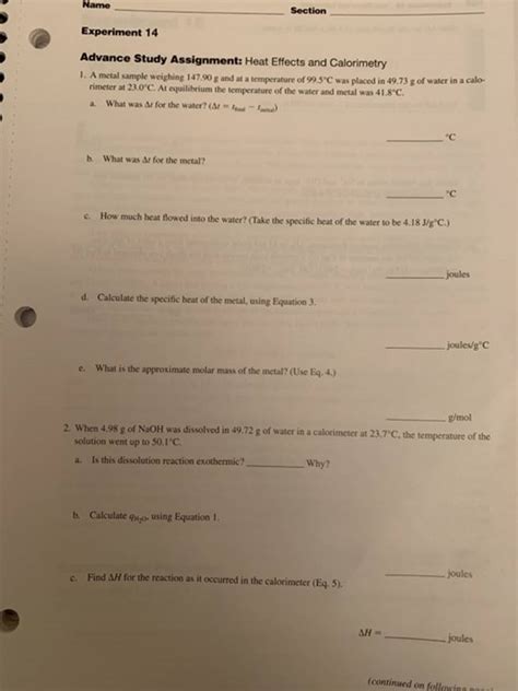 Solved Name Experiment 14 Advance Study Assignment Heat Effects