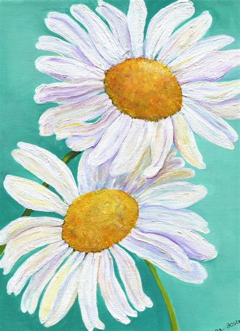 White Shasta Daisy Painting On Aqua Original On Canvas Acrylics