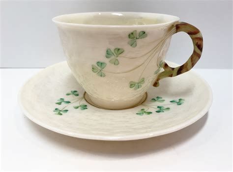 Shamrock Belleek Tea Cup And Saucer Irish Tea Cup Basket Weave