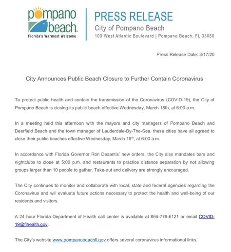 City Of Pompano Beach On Twitter To Protect Public Health And Contain