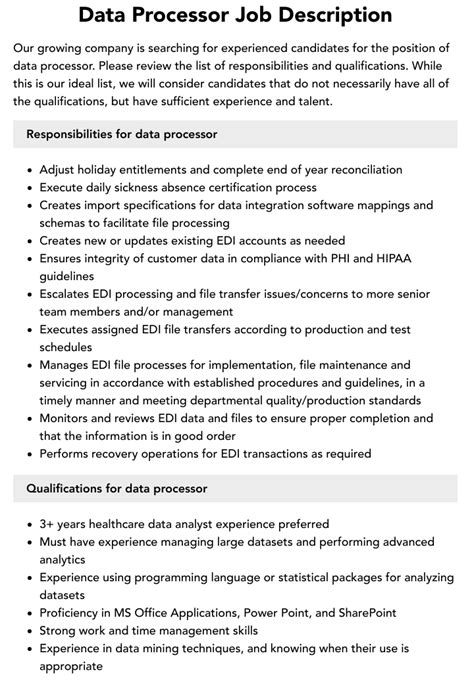 Data Processor Job Description | Velvet Jobs