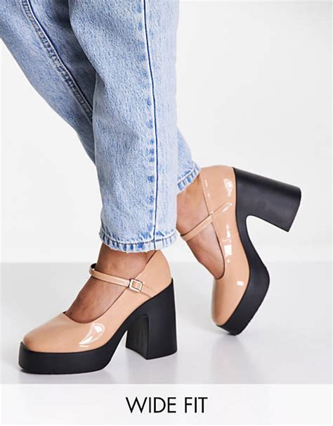 Asos Design Wide Fit Penny Platform Mary Jane Heeled Shoes In Beige Asos