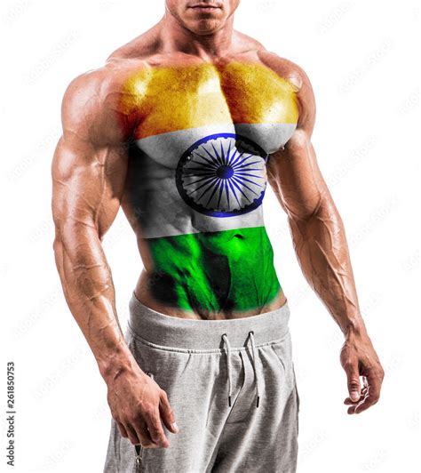 Torso Of Shirtless Muscular Man With India Flag Painted On Naked Chest