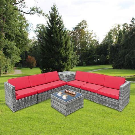 Wellfor 8 Piece Rattan Patio Conversation Set With Red Cushions Ouj65782bre At