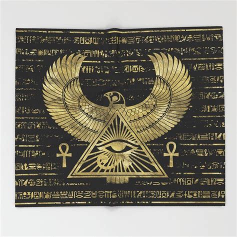 Egyptian Eye Of Horus Wadjet Gold And Black Bed Throw Blanket By