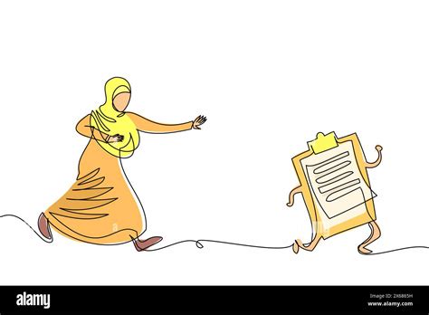 Continuous One Line Drawing Arabian Businesswoman Chasing Clipboard