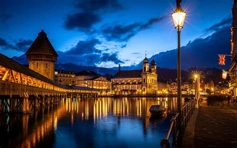 Kapellbrucke Chapel Bridge Lucerne Wooden Footbridge Evening