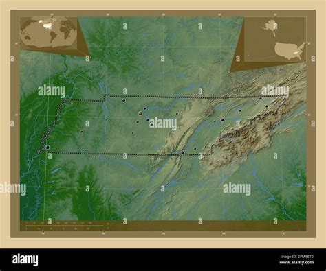 Tennessee, state of United States of America. Colored elevation map ...