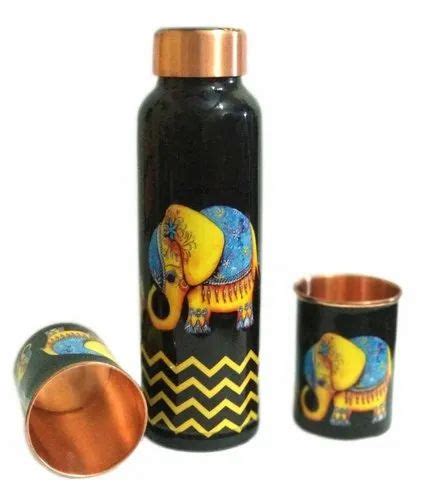 Polished Meena Printed Copper Water Bottle Gift Set Screw Cap At Rs