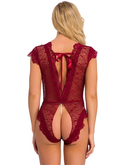 Teddies Lingerie Burgundy Floral Print Lace Up Backless Lace Sexy