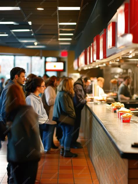 Wide view of a line of customers at a busy fast food restaurant