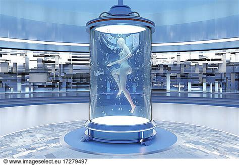 Three Dimensional Render Of Naked Woman Floating Inside Storage Tank Of