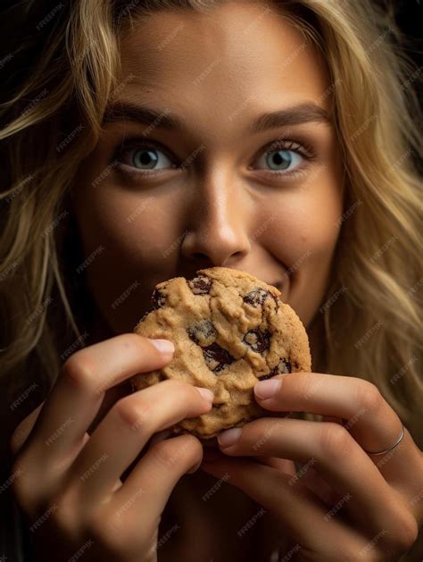 Premium Ai Image A Woman Eating A Chocolate Chip Cookie With A Black