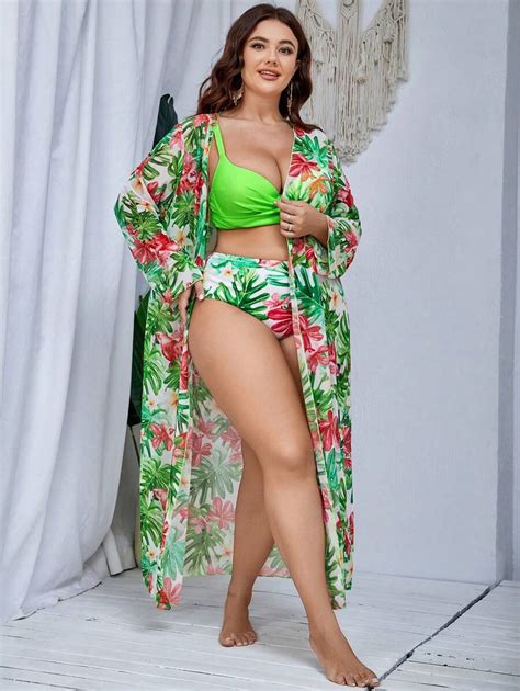 Shein Swim Curve Conjunto De Bikini De Talla Grande Con Estampado Tropical Y Kimono Para Playa