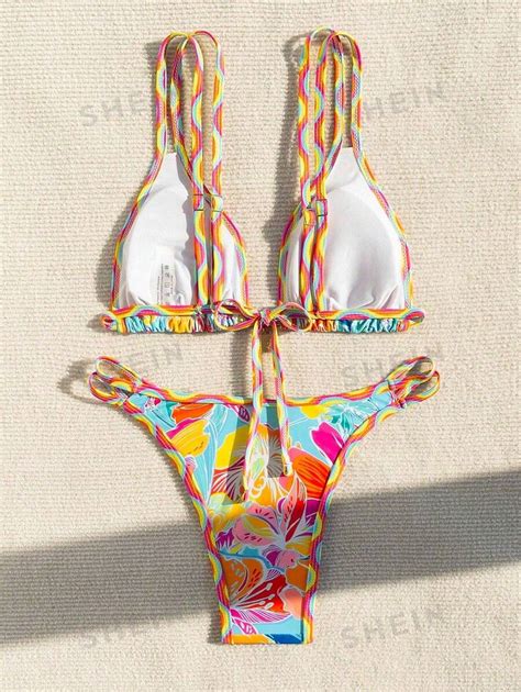 Shein Swim Mod Summer Beach Floral Print Double Shoulder Strap Bikini