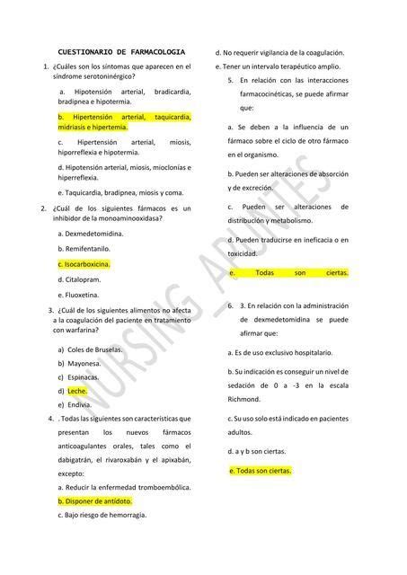 Cuestionario de Farmacología Examen Farmacología Respuestas