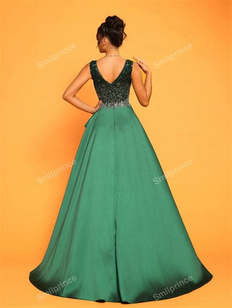 Smilprince A Line V Neck Straps Beaded Satin Floor Length Evening Dress With High Slit Elegant