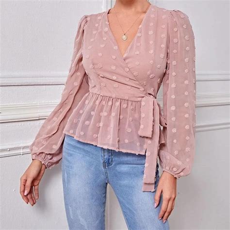 Girlfairy Spring Autumn V Neck Wrap Blouses Women Long Sleeve Casual