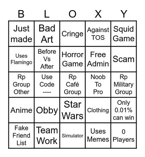 Roblox Ads Bingo Card