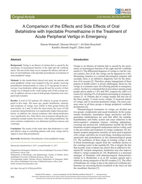 (PDF) A Comparison of the Effects and Side Effects of Oral Betahistine with Injectable ...