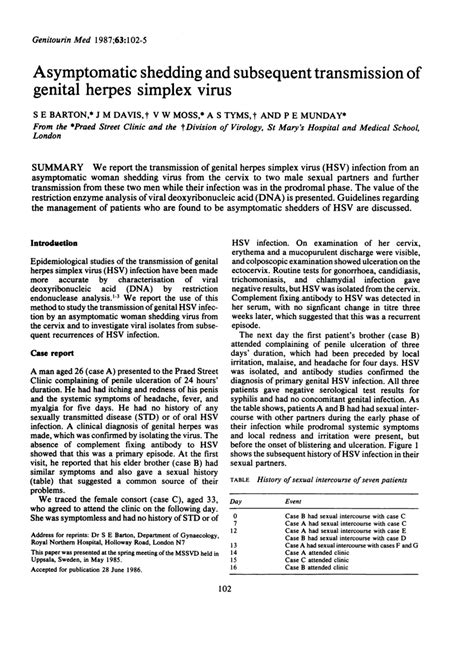 Pdf Asymptomatic Shedding And Subsequent Transmission Of Genital