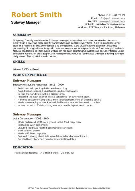 Subway Manager Resume Samples Qwikresume