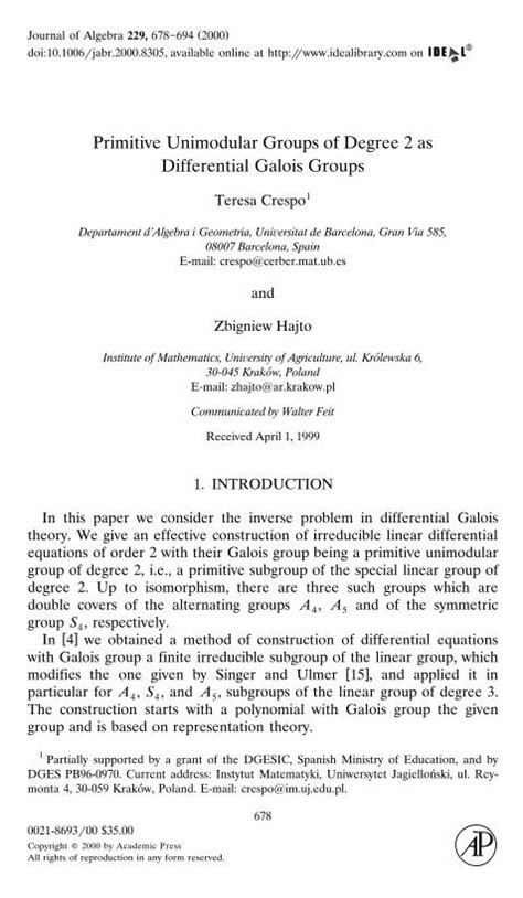 PDF Primitive Unimodular Groups Of Degree 2 As Differential Galois