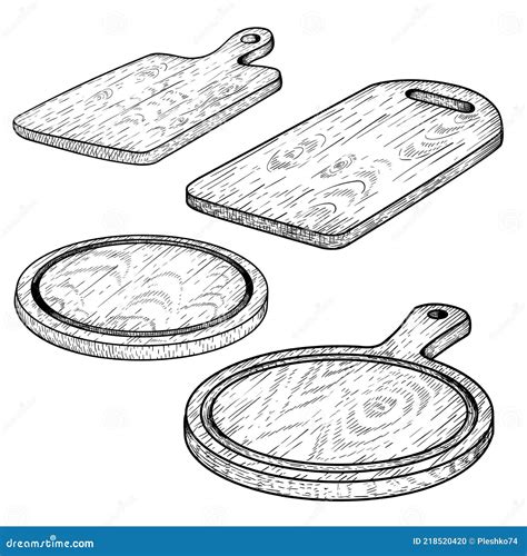 Hand Drawn Cutting Wooden Boards Set Sketch Style Kitchen Utensils