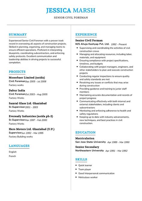 Senior Civil Foreman Cv Sample In 2025 Resumekraft