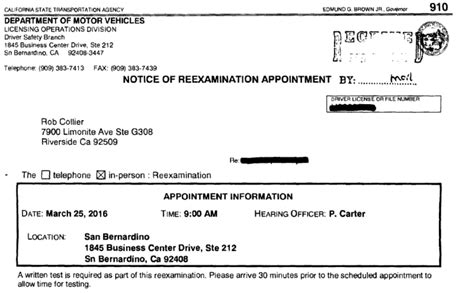 Notice Of Re Examination Appointment California Dmvcalifornia Dmv