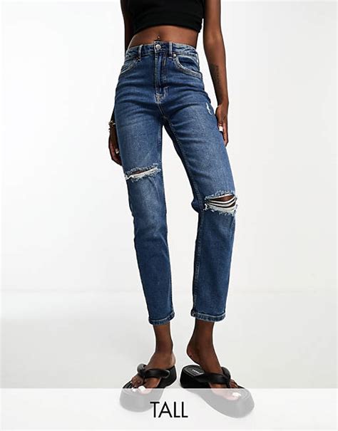 Stradivarius Tall Slim Mom Jean With Stretch And Rip In Medium Blue Asos