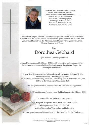 Parte F R Dorothea Gebhard Geb Bodner Pax Requiem