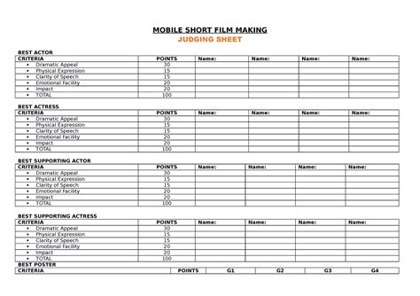 Criteria For Judging Mobile Short Film Making Judging Sheet Best