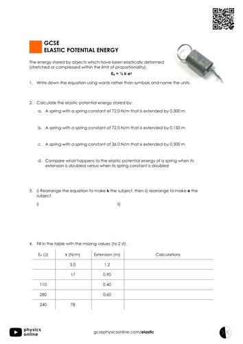 Elastic Potential Energy Worksheet Teaching Resources